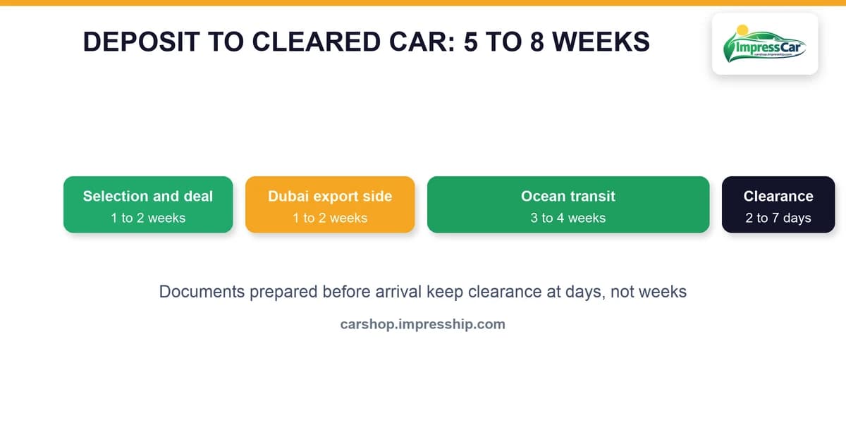 Timeline from deposit to cleared car: five to eight weeks
