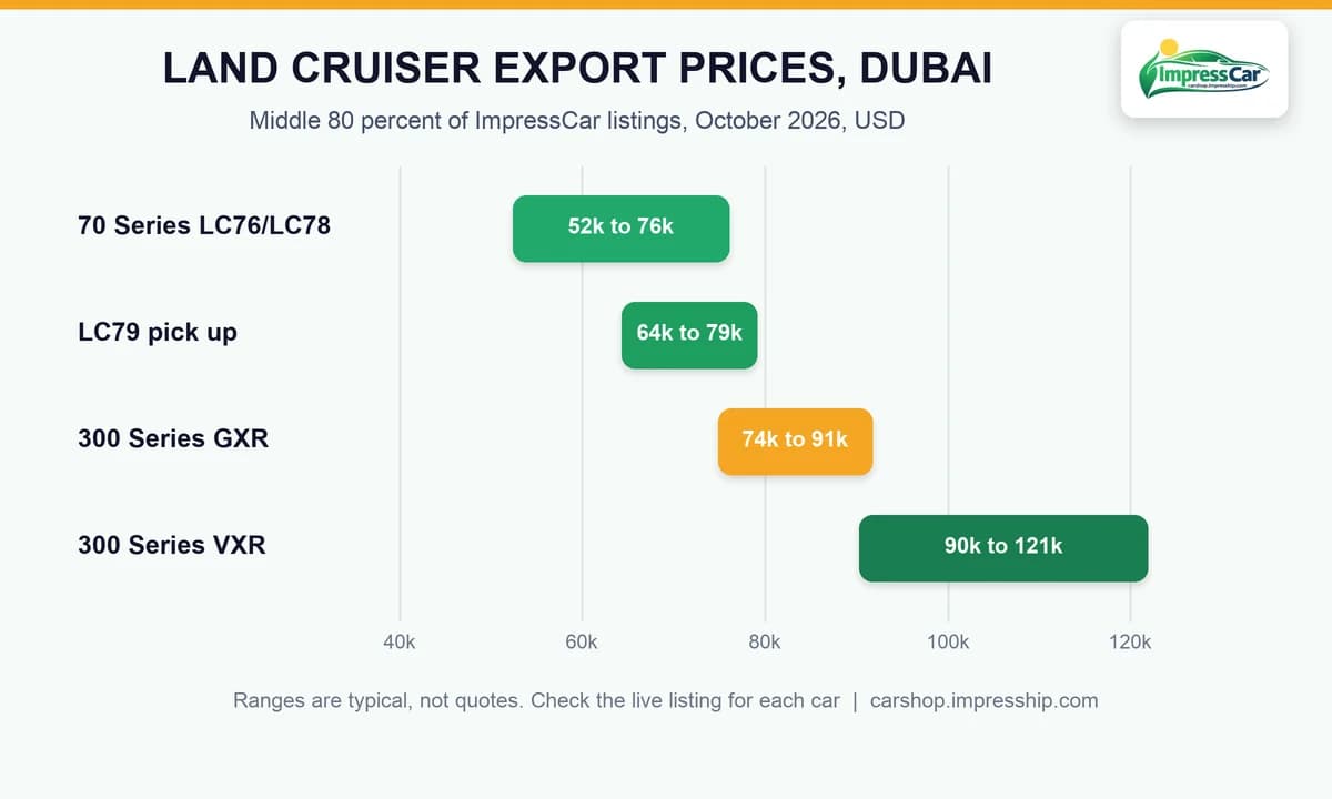 Land Cruiser export price ranges from Dubai by model, 2026