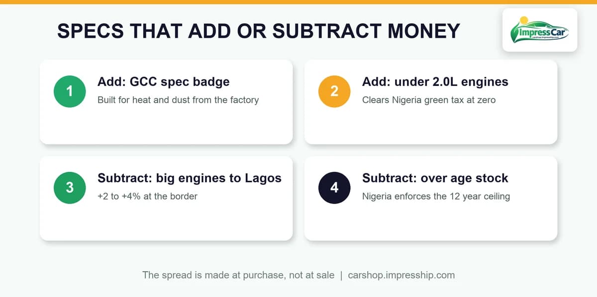 Specs that add or subtract resale money on Dubai exports