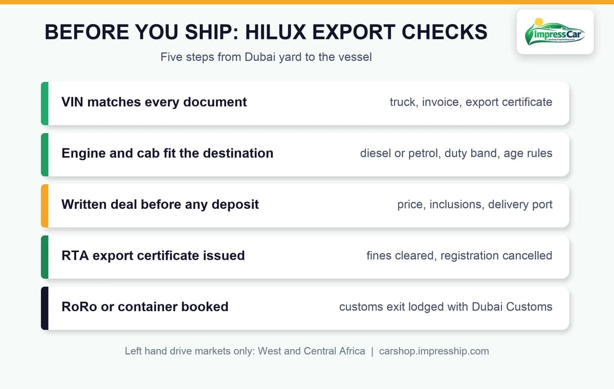 Export Toyota Hilux from Dubai checklist before shipping