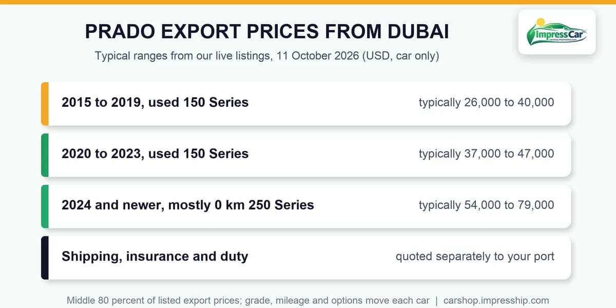 Typical Toyota Prado export prices from Dubai by model year