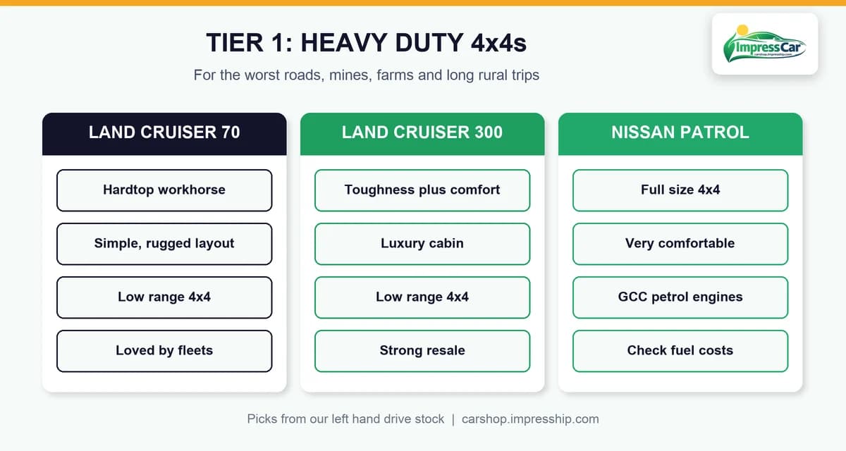 Tier 1 heavy duty 4x4s: Land Cruiser 70, Land Cruiser 300 and Patrol